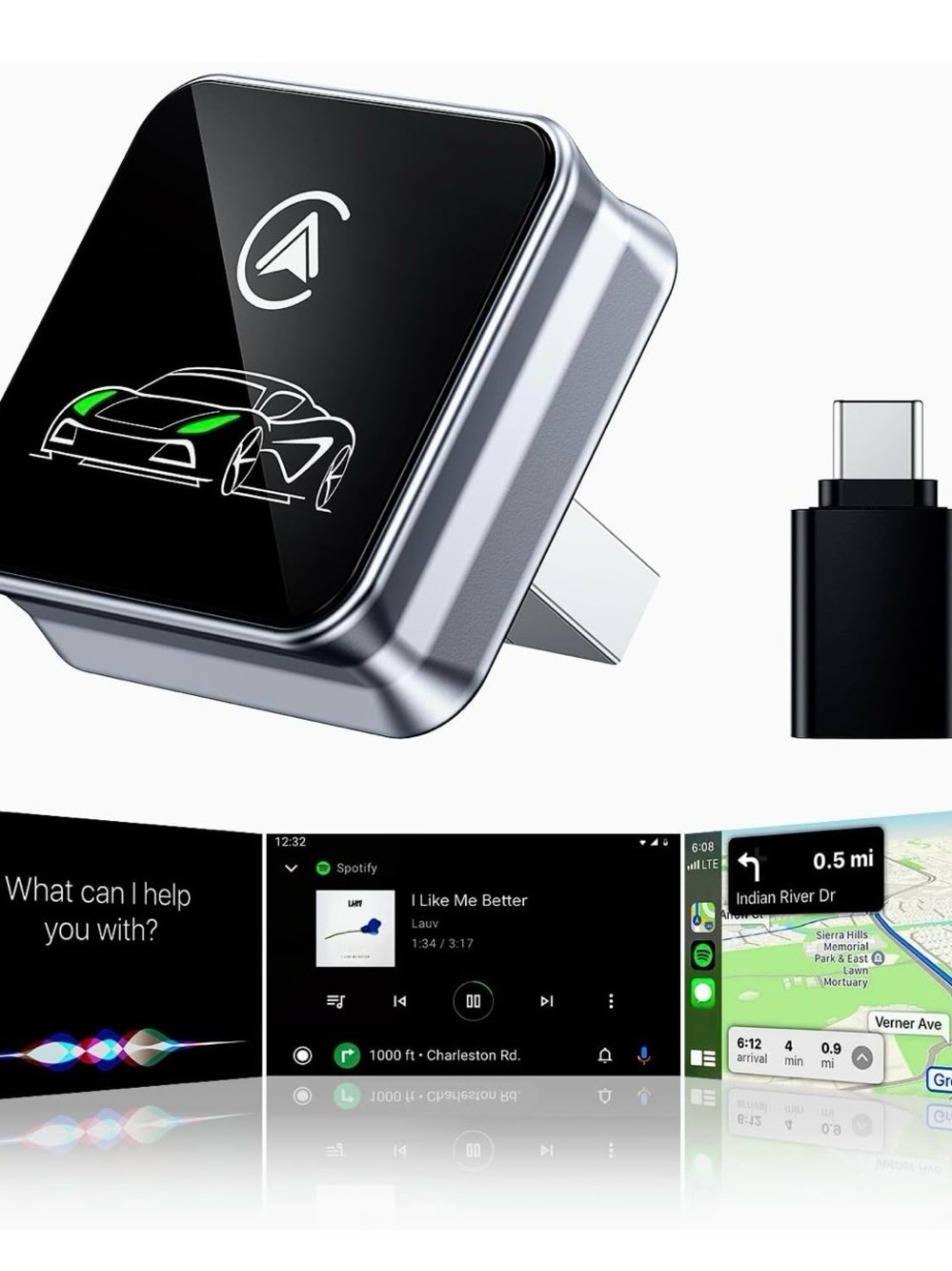 CarPlay Wireless Adapter - Silver/Black Wireless Car Audio USB-C